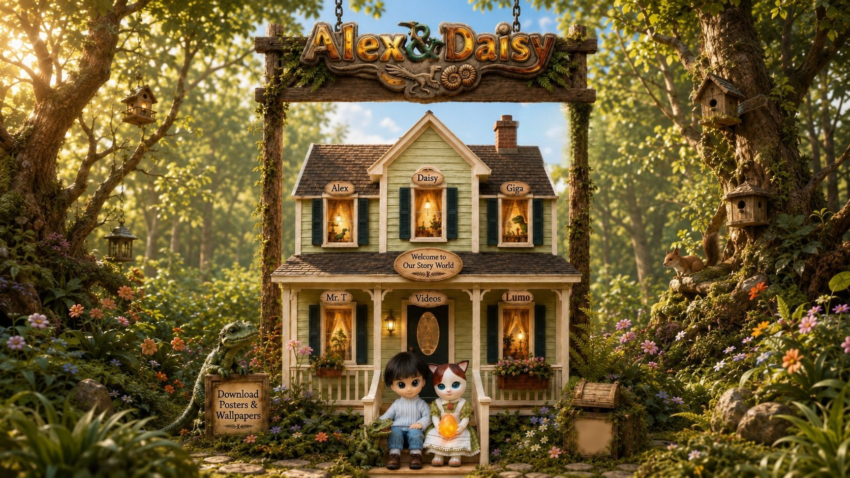 A handmade storybook house in a sunlit forest garden. Each window belongs to a friend: Alex, Daisy, Giga, Mr. T, and Lumo. The door leads to the videos, with signs for downloads and contact among the flowers.